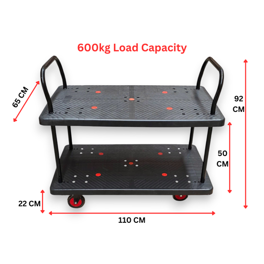 Heavy Duty Double Layer Utility Trolley with Brakes – 600kg Load 1100×650mm