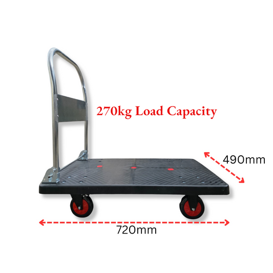 Heavy Duty Platform Trolley 270kg Black 720×490mm with Silent Braking Wheels