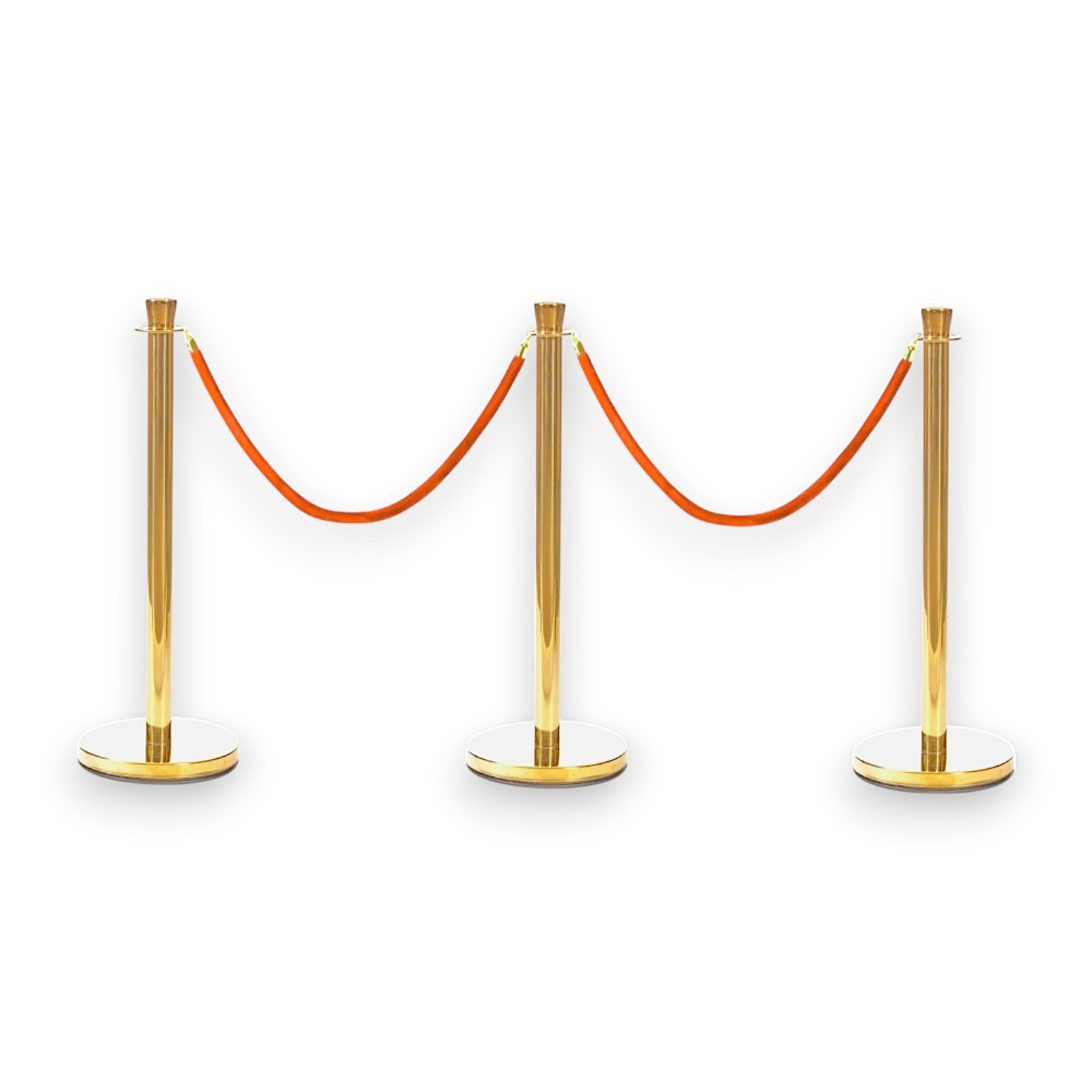 Gold Crowd Control Bollards Set of 3 Posts + 2 Red Ropes