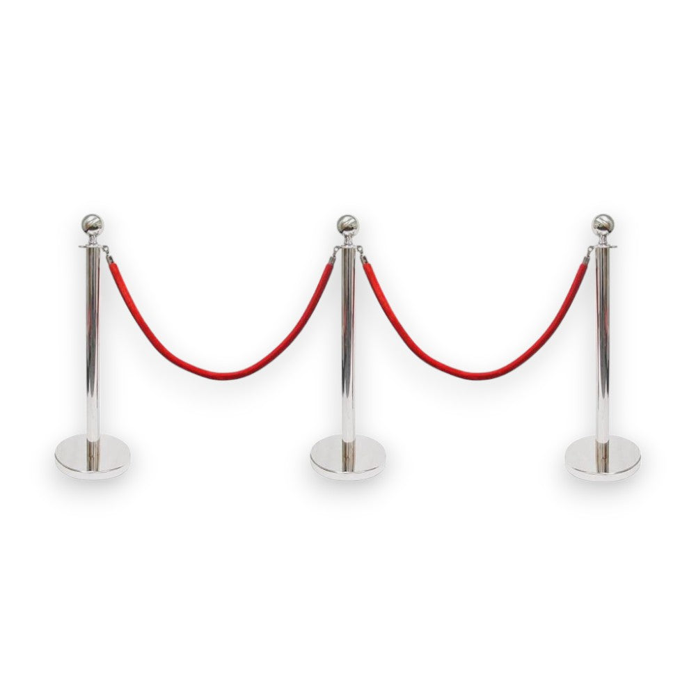 Silver Queue Bollard Post Set of 3 Posts + 2 Red Ropes