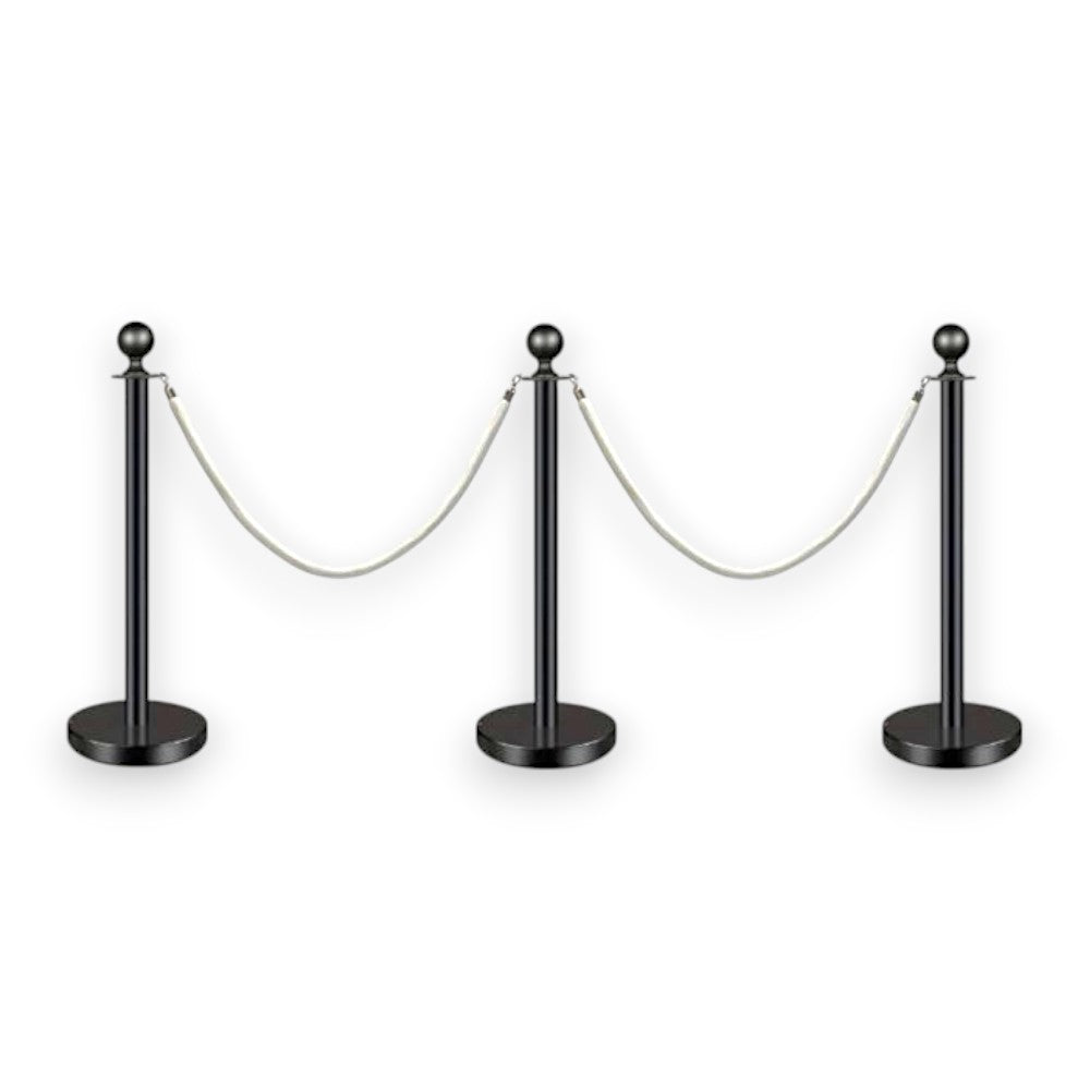 Black Queue Bollard Post Set of 3 Posts + 2 White Ropes