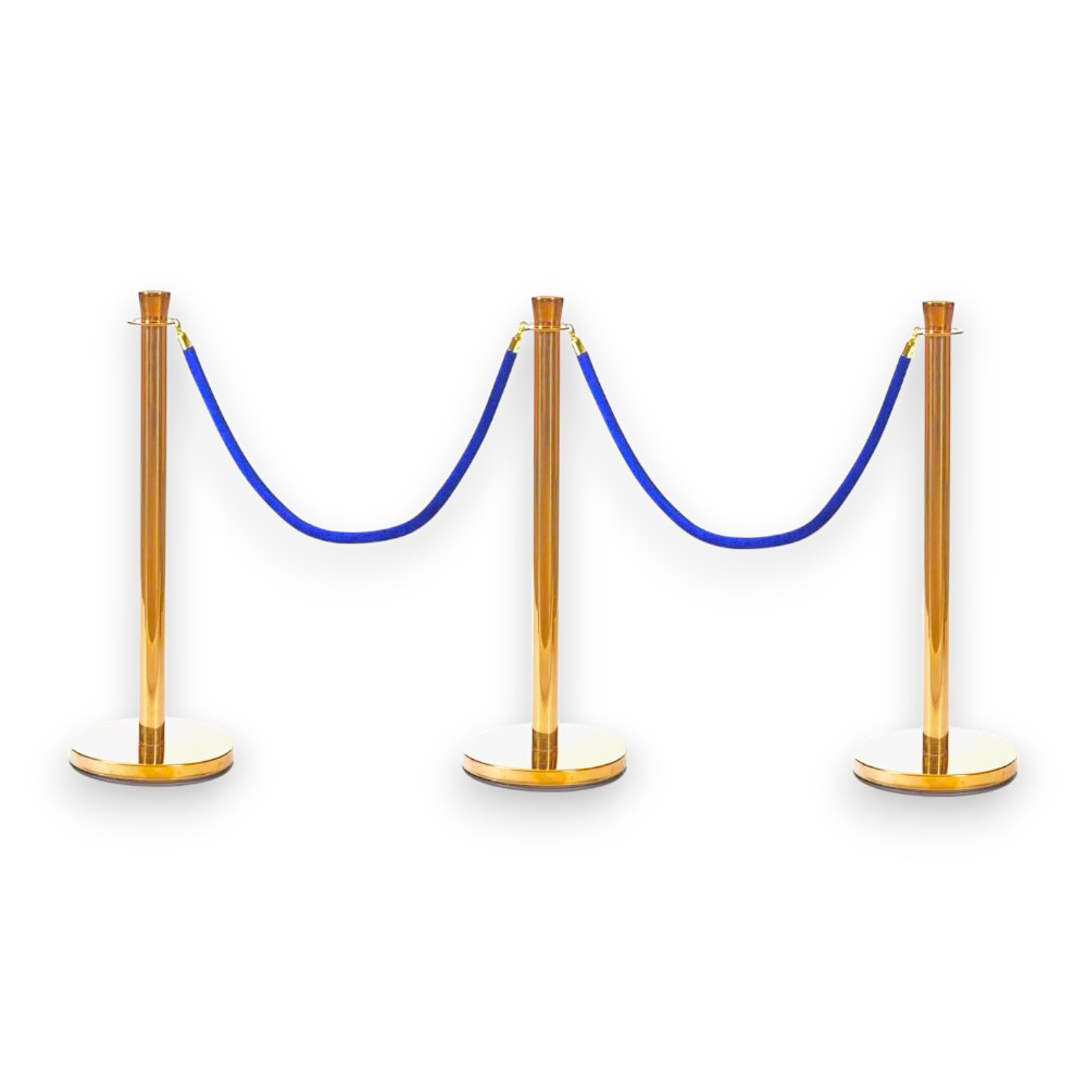 Gold Crowd Control Bollards Set of 3 Posts + 2 Blue Ropes