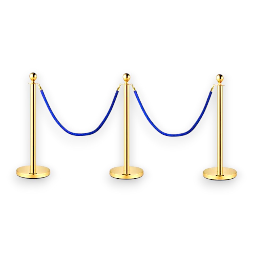 Gold Queue Bollard Post Set of 3 Posts + 2 Blue Ropes
