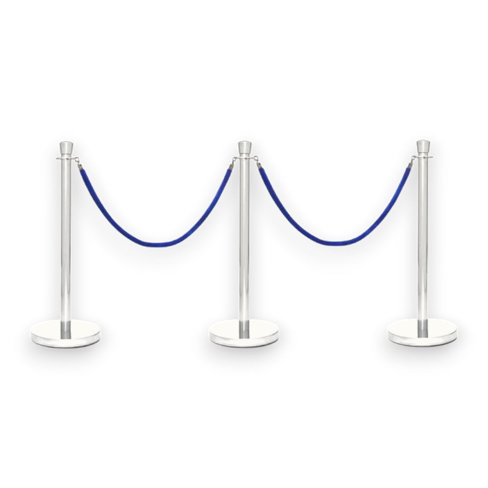 Silver Crowd Control Bollards Set of 3 Posts + 2 Blue Ropes