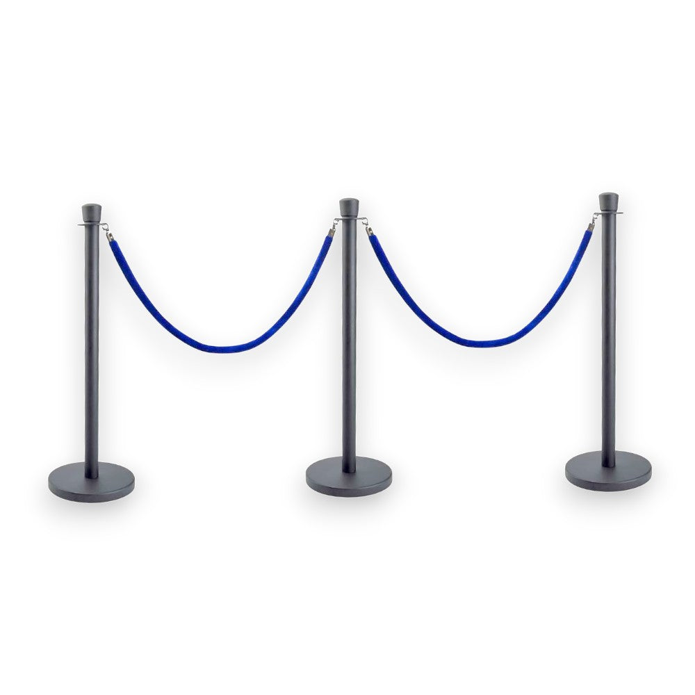 Black Crowd Control Bollards Set of 3 Posts + 2 Blue Ropes