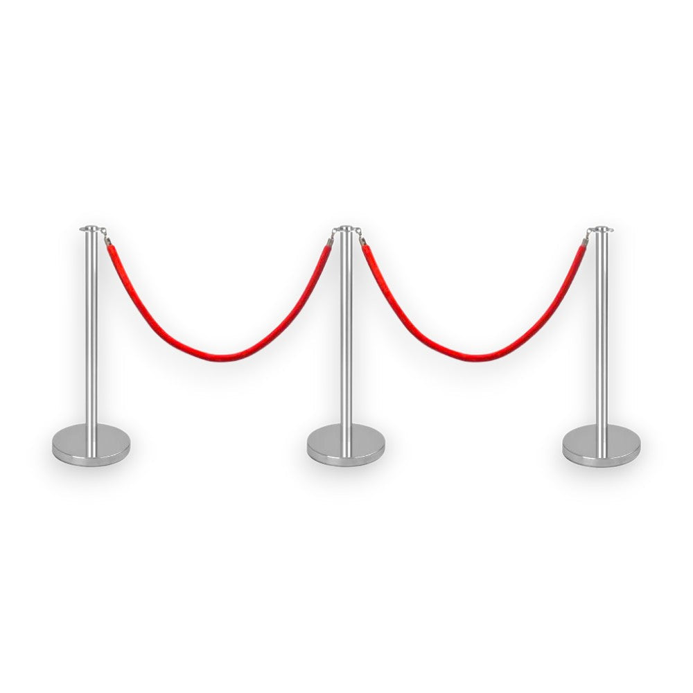 Silver Stanchions Crowd Control Set of 3 Posts + 2 Red Ropes