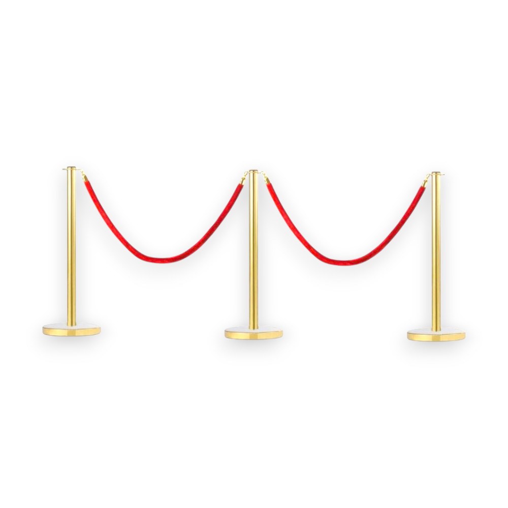 Gold Stanchions Crowd Control Set of 3 Posts + 2 Red Ropes