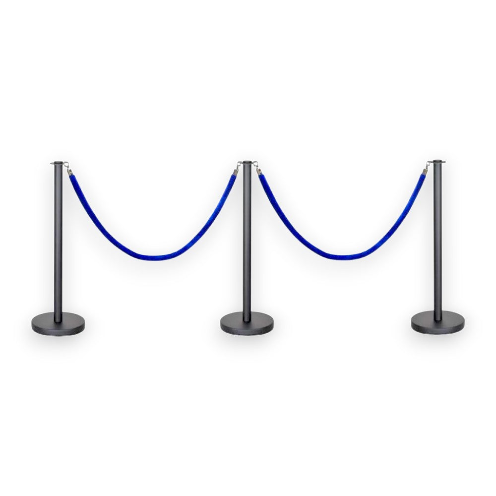 Black Stanchions Crowd Control Set of 3 Posts + 2 Blue Ropes