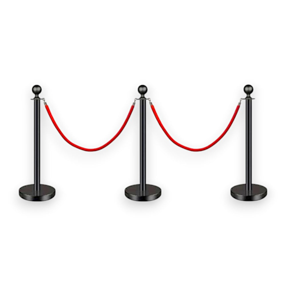 Black Queue Bollard Post Set of 3 Posts + 2 Red Ropes