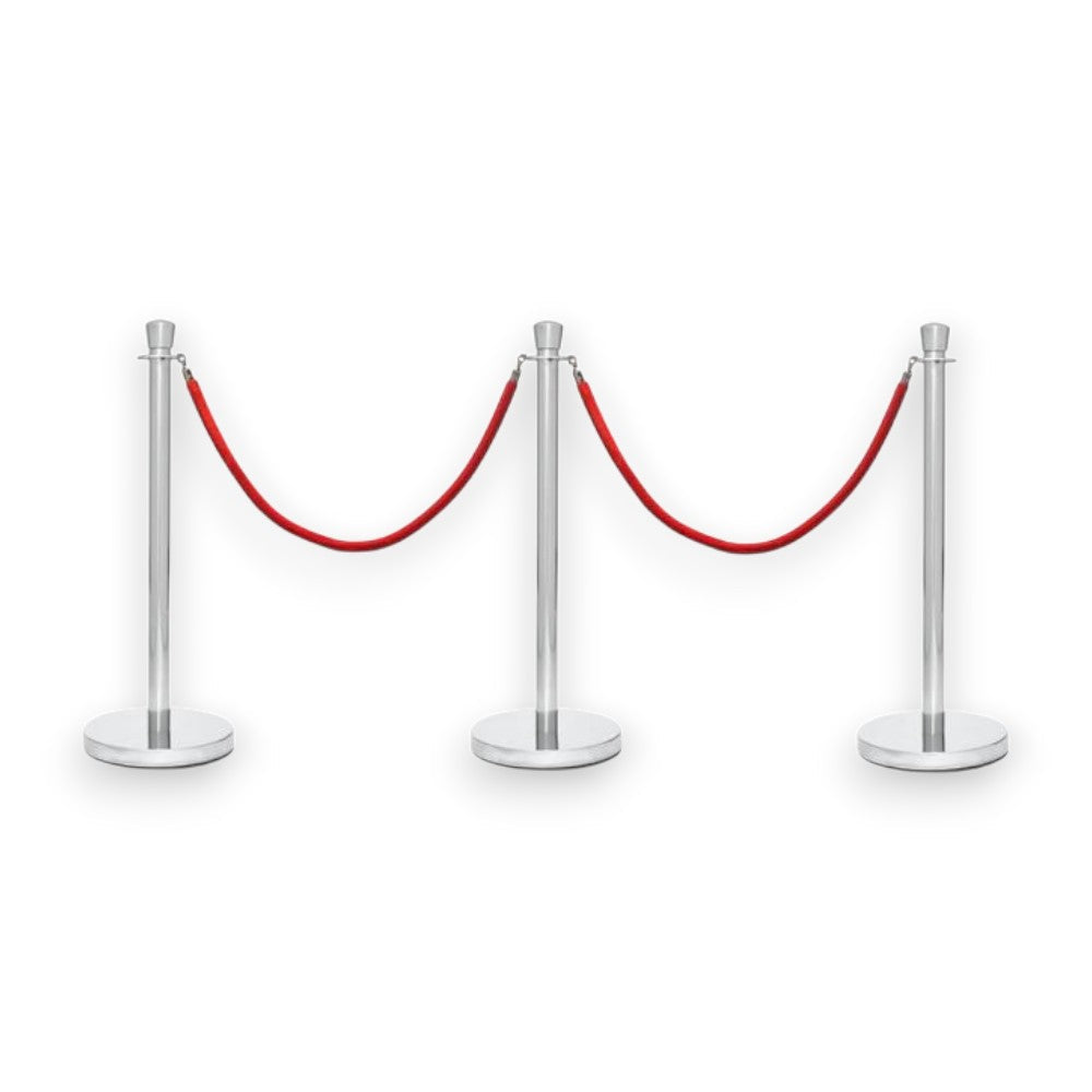 Silver Crowd Control Bollards Set of 3 Posts + 2 Red Ropes