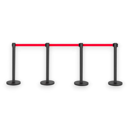 Black Retractable Barrier Posts with Red Belts- Set of 4