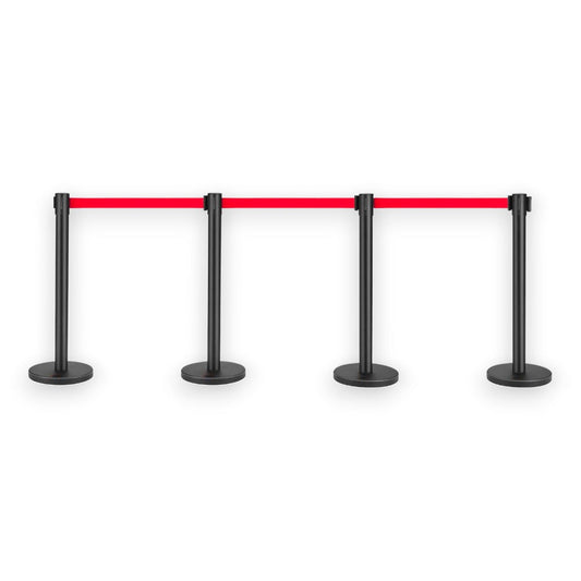 Black Retractable Barrier Posts with Red Belts- Set of 4