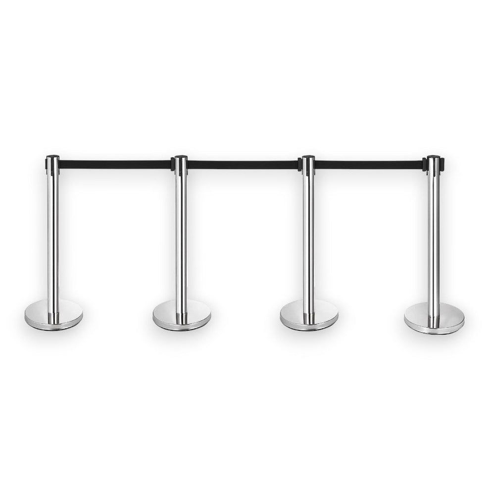 Silver Retractable Barrier Posts with Black Belts- Set of 4 – Safety Elite