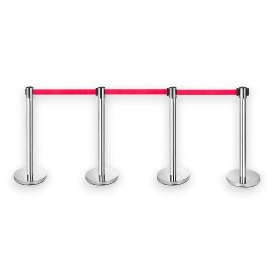 Silver Retractable Barrier Posts with Red Belts- Set of 4