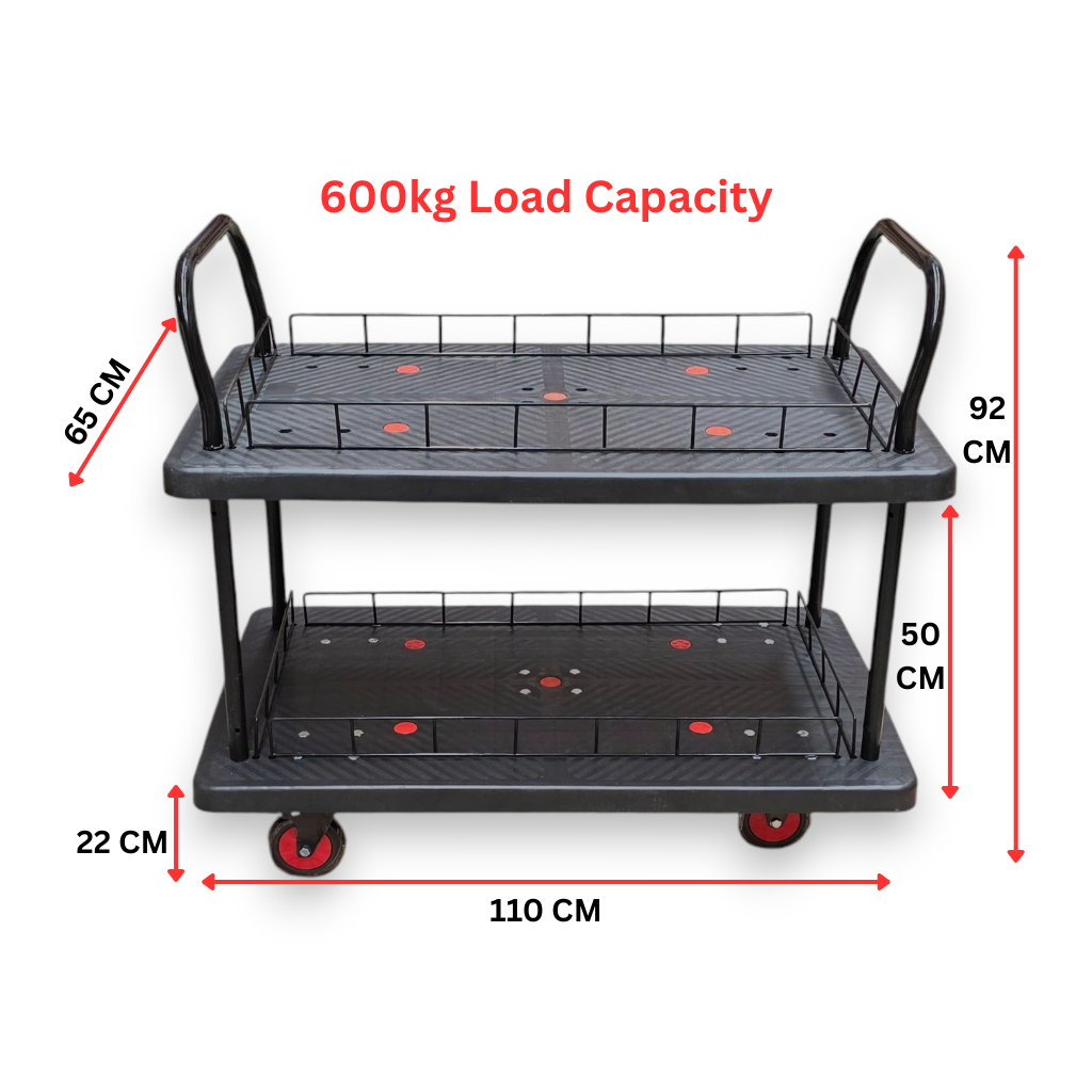 Double Layer Utility Trolley with Guard Rails & Brakes – 600kg Load 1100×650mm