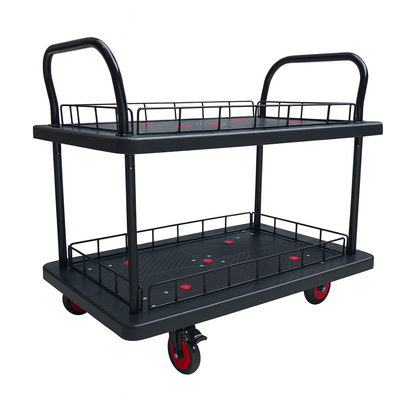 Double Layer Utility Trolley with Guard Rails & Brakes – 600kg Load 1100×650mm