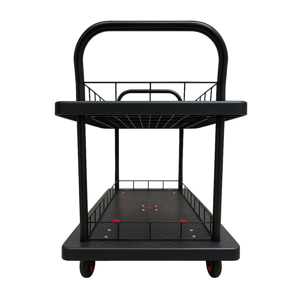 Double Layer Utility Trolley with Guard Rails & Brakes – 600kg Load 1100×650mm