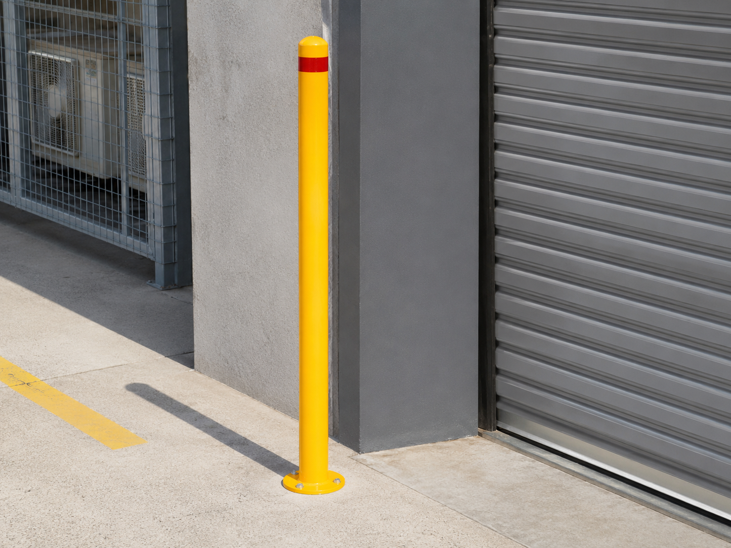 63mm Surface Mount Safety Bollard – 900mm Yellow with Red Reflective Band