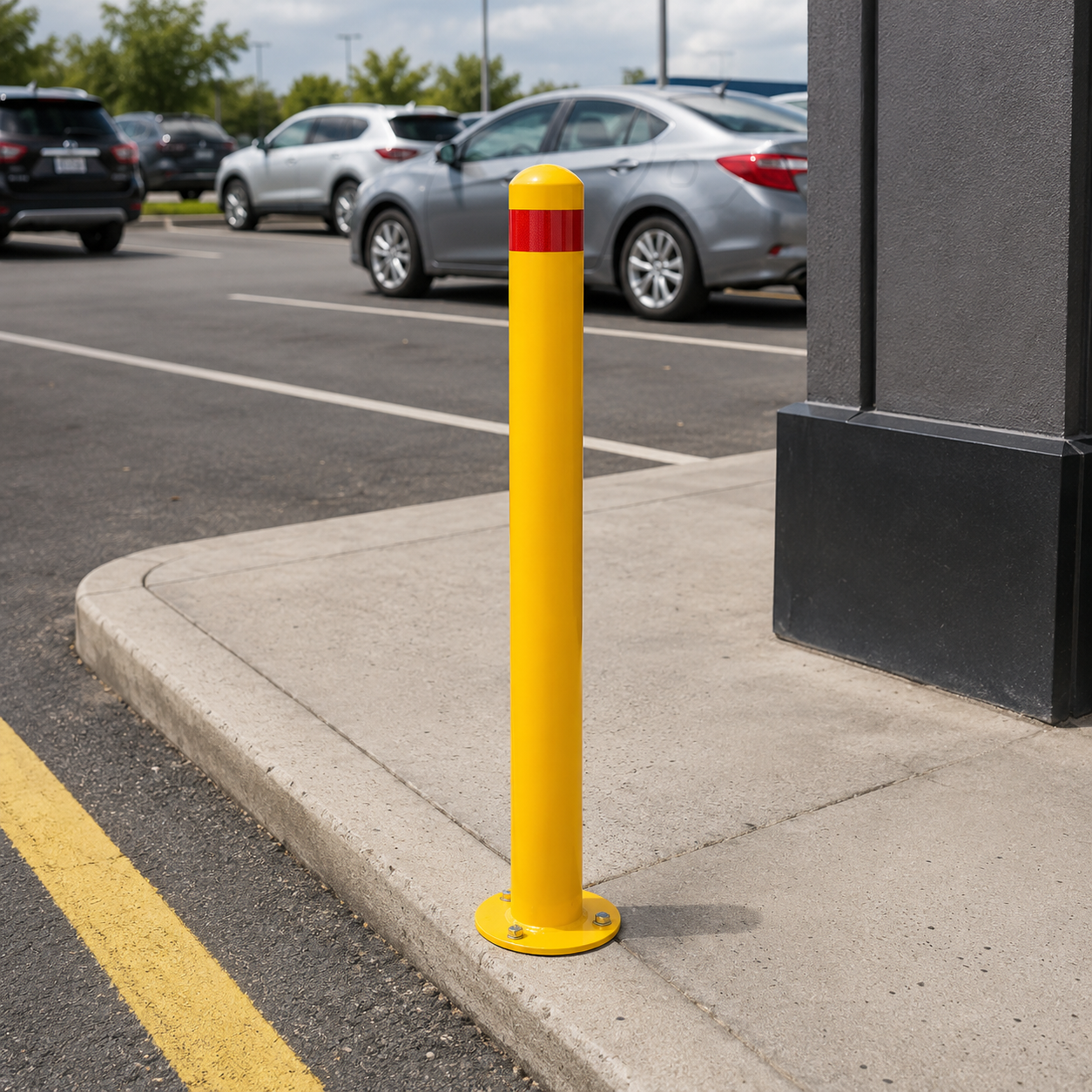 63mm Surface Mount Safety Bollard – 900mm Yellow with Red Reflective Band