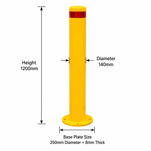 140mm Heavy-Duty Surface Mount Bollard – 1200mm Yellow Steel Bollard