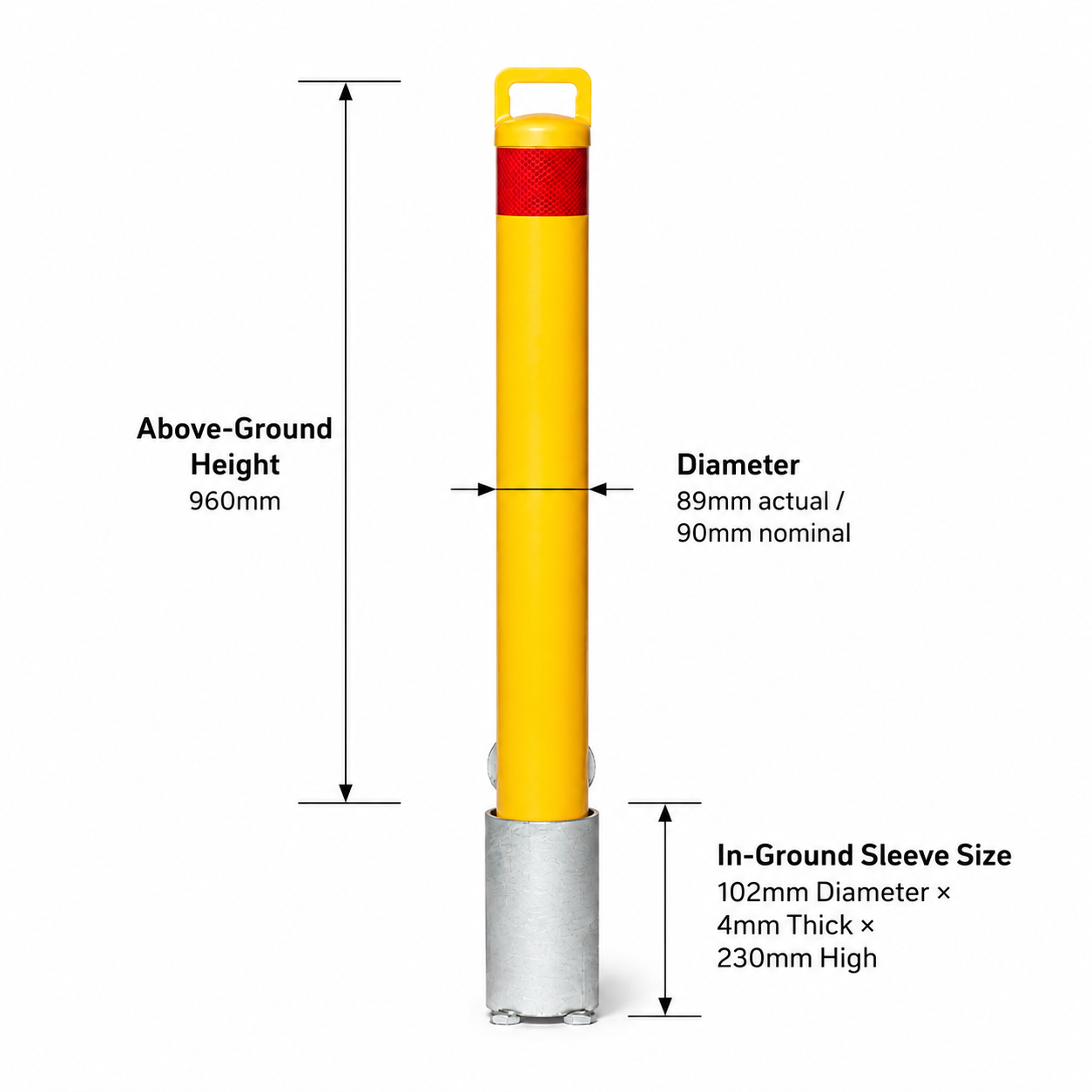 90mm In-Ground Padlock Removable Bollard – 960mm Yellow Steel Bollard