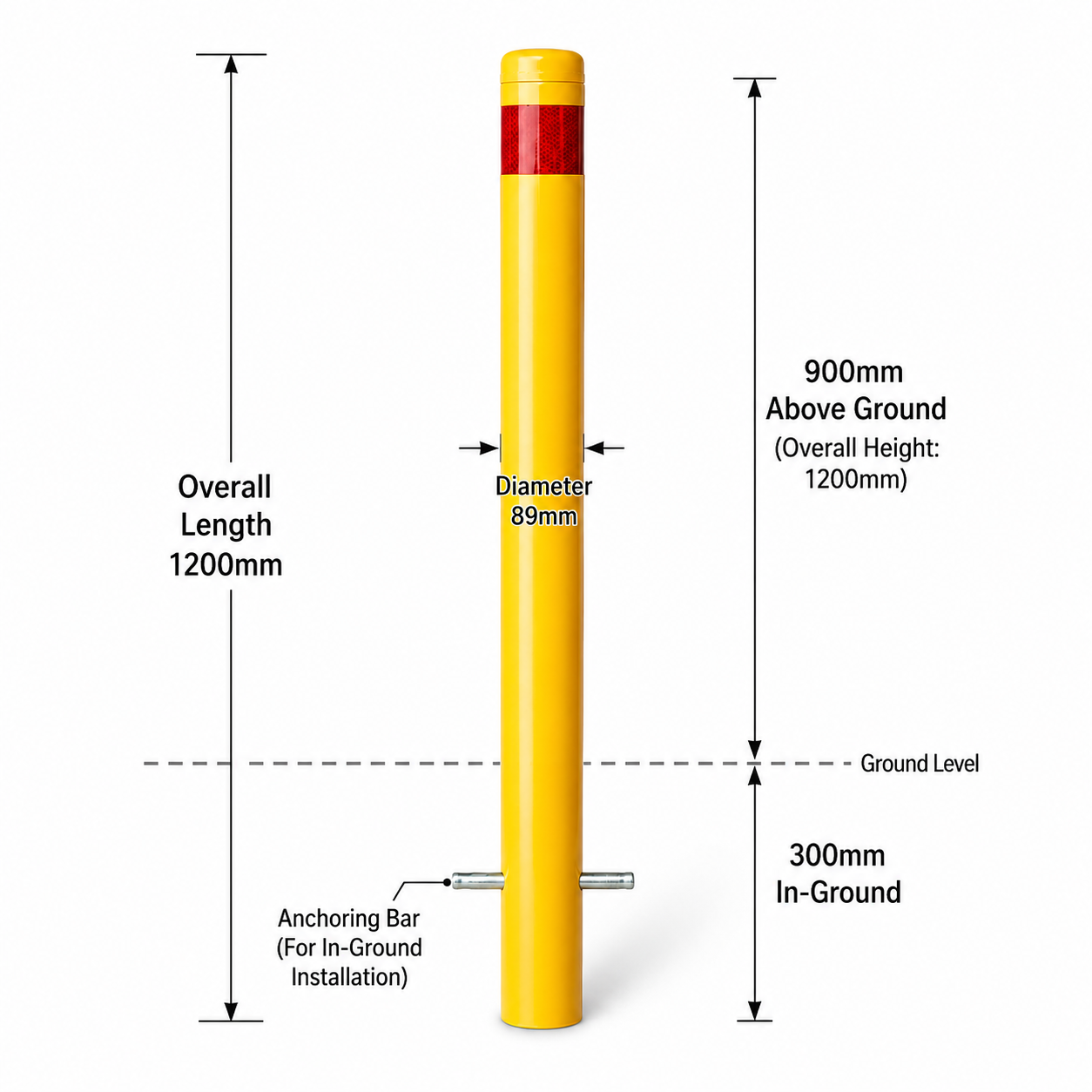 90mm In-Ground Bollard – 1200mm Yellow Steel Safety Bollard