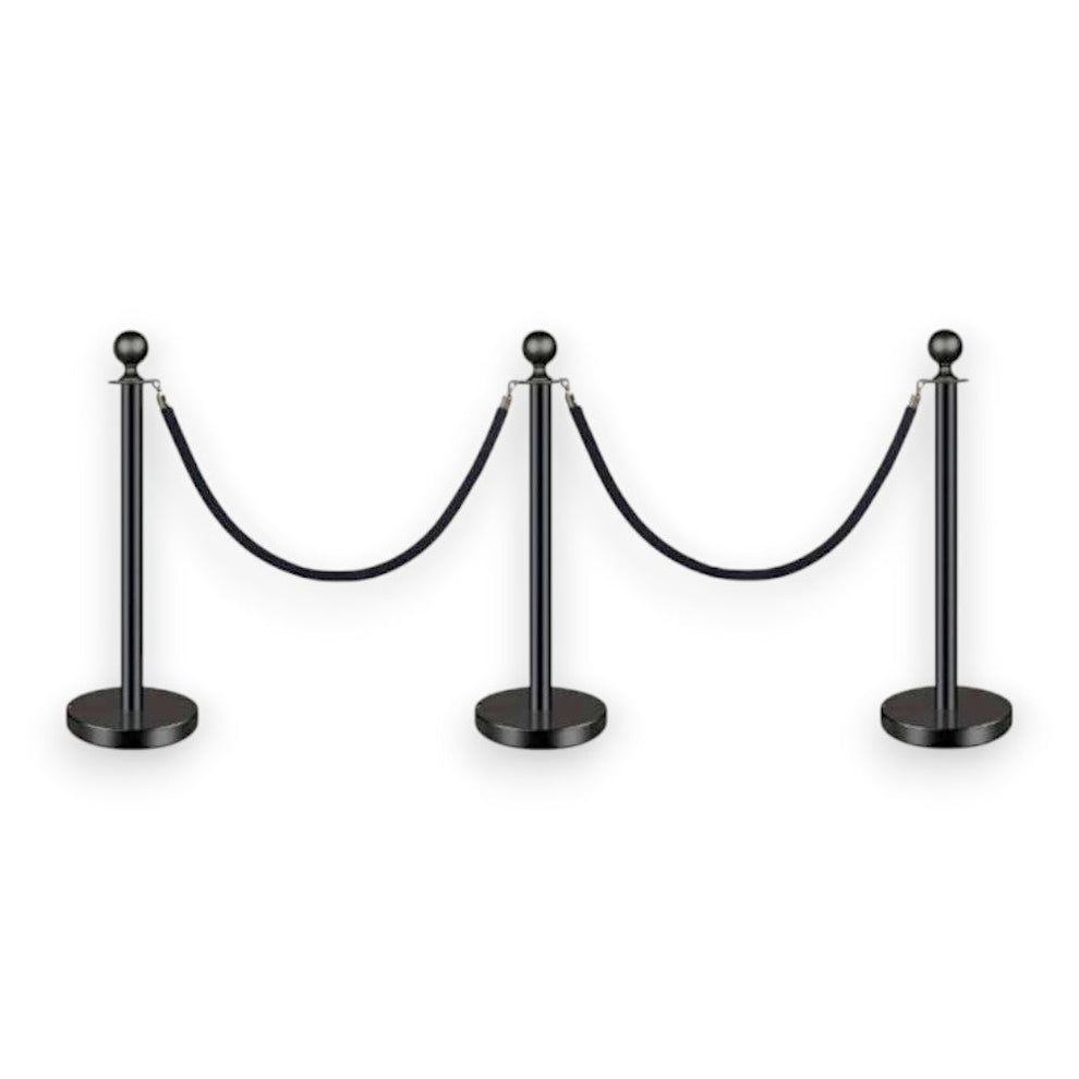 Queueing Posts Black Queue Bollard Post Set of 3 Posts + 2 Black Ropes – Safety Elite