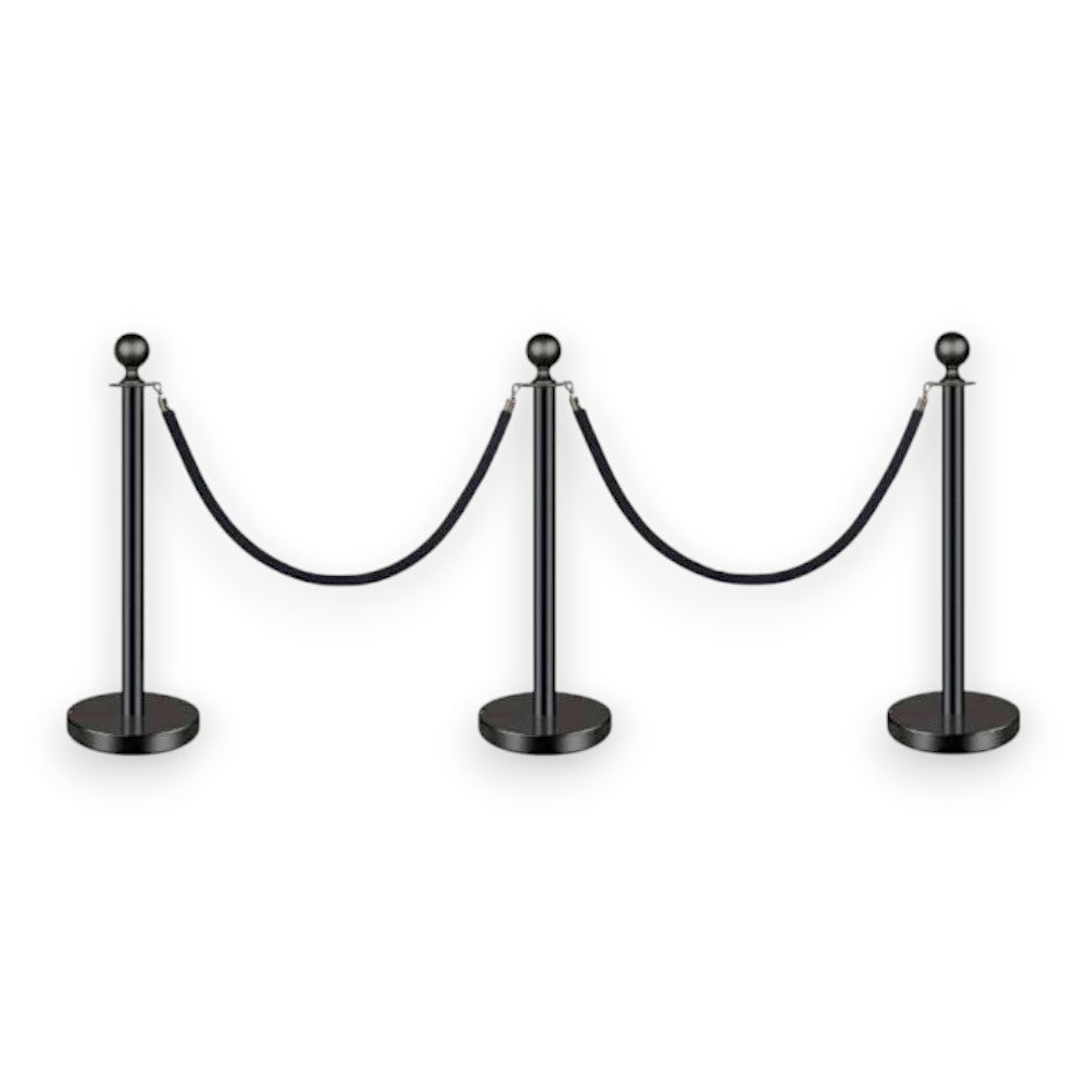 Black Queue Bollard Post Set of 3 Posts + 2 Black Ropes