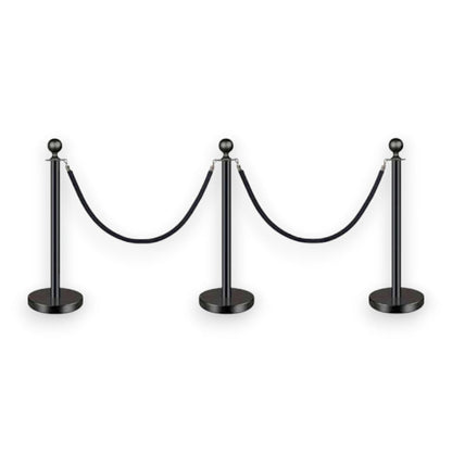 Black Queue Bollard Post Set of 3 Posts + 2 Black Ropes