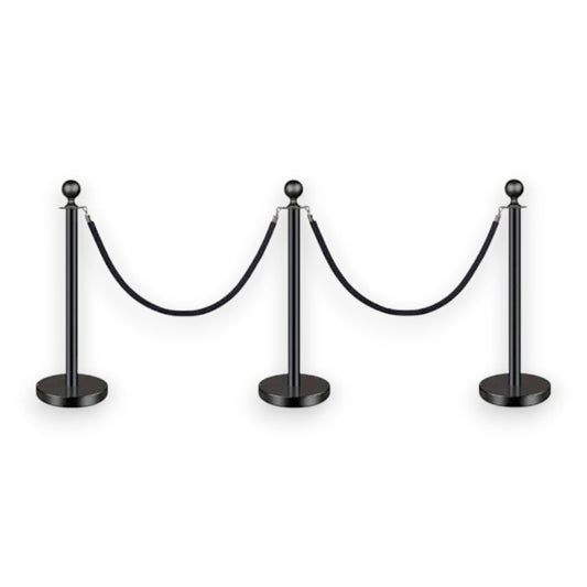 Black Queue Bollard Post Set of 3 Posts + 2 Black Ropes