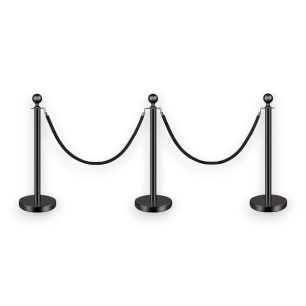 Black Queue Bollard Post Set of 3 Posts + 2 Black Ropes – Safety Elite