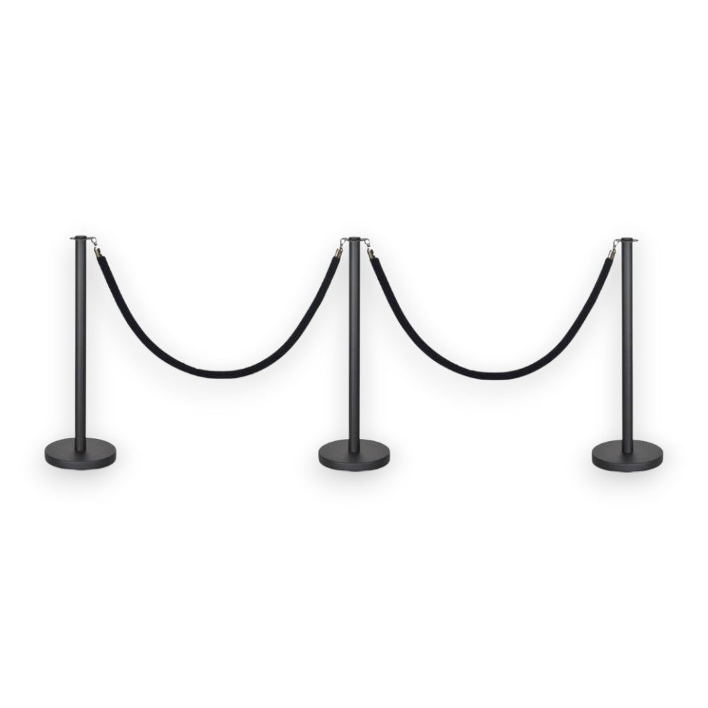 Black Stanchions Crowd Control Set of 3 Posts + 2 Black Ropes