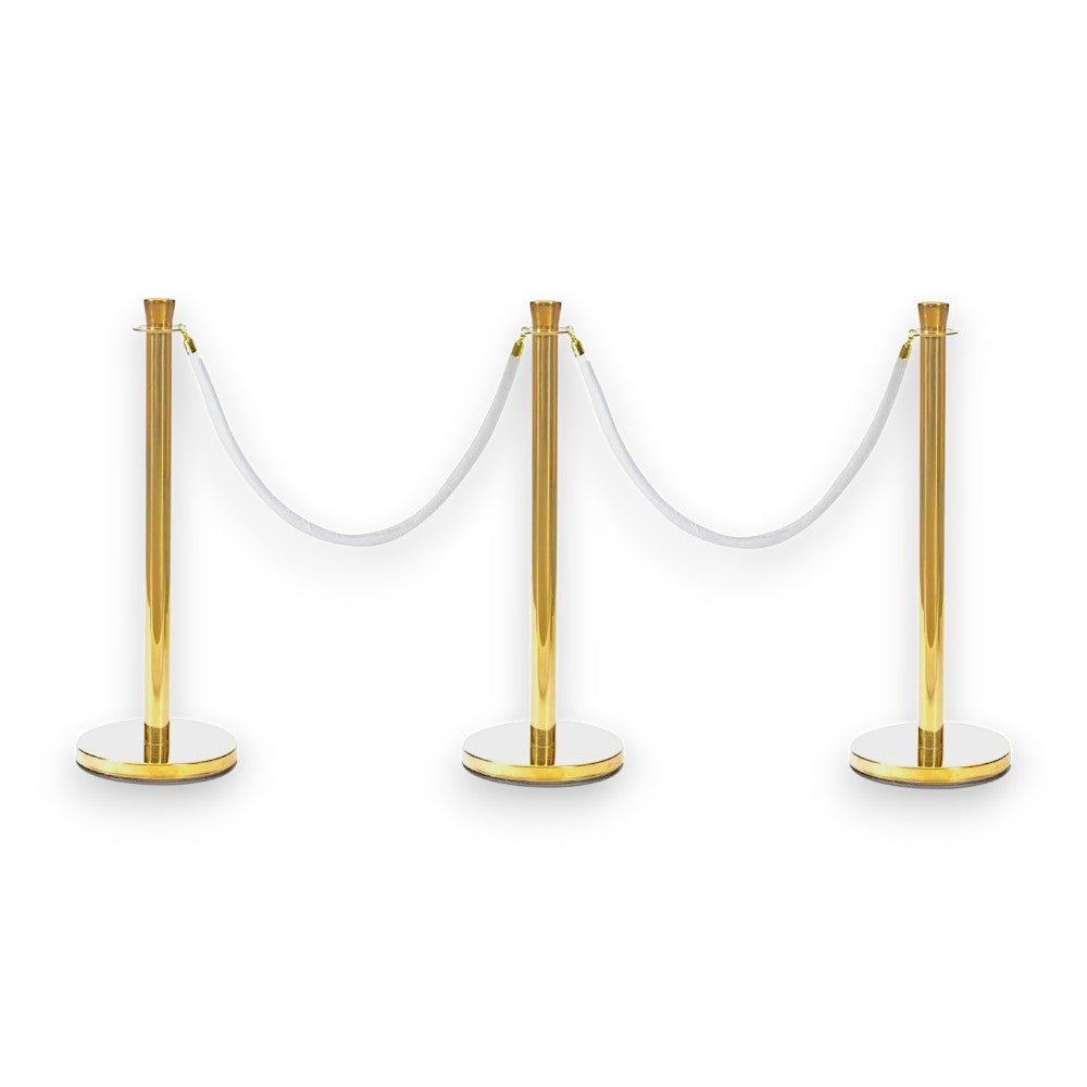 Gold Crowd Control Bollards Set of 3 Posts + 2 White Ropes