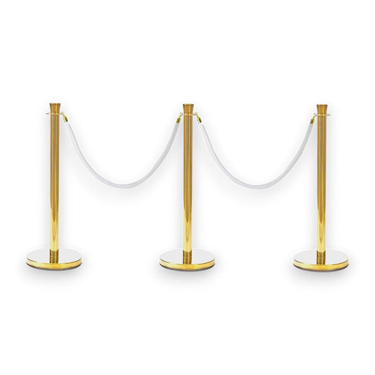 Gold Crowd Control Bollards Set of 3 Posts + 2 White Ropes