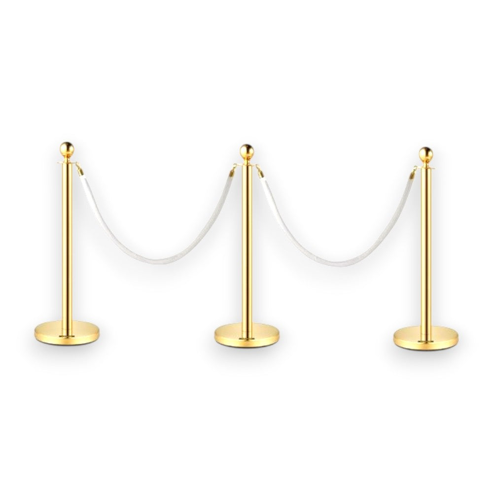 Gold Queue Bollard Post Set of 3 Posts + 2 White Ropes