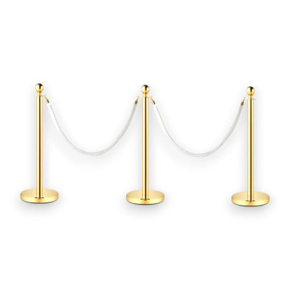 Gold Queue Bollard Post Set of 3 Posts + 2 White Ropes