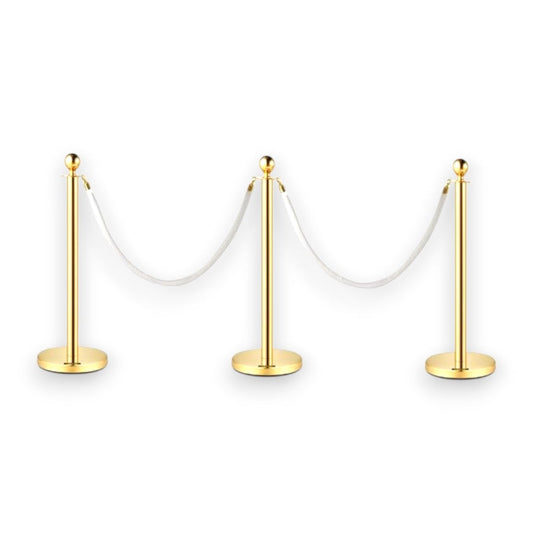 Gold Queue Bollard Post Set of 3 Posts + 2 White Ropes