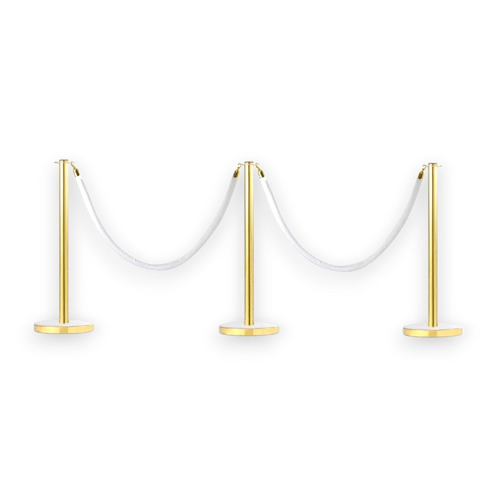 Gold Stanchions Crowd Control Set of 3 Posts + 2 White Ropes