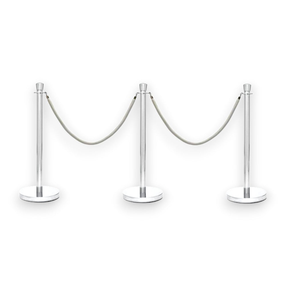 Silver Crowd Control Bollards Set of 3 Posts + 2 White Ropes