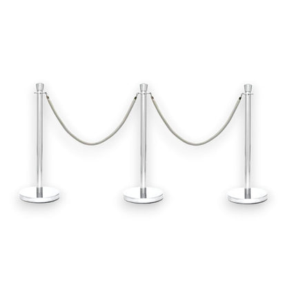 Silver Crowd Control Bollards Set of 3 Posts + 2 White Ropes