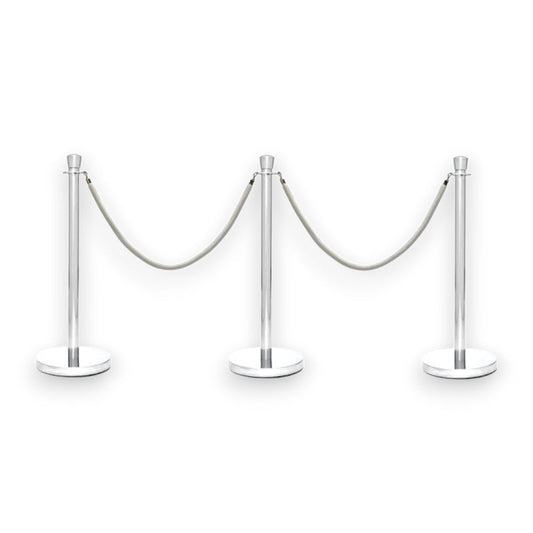 Silver Crowd Control Bollards Set of 3 Posts + 2 White Ropes