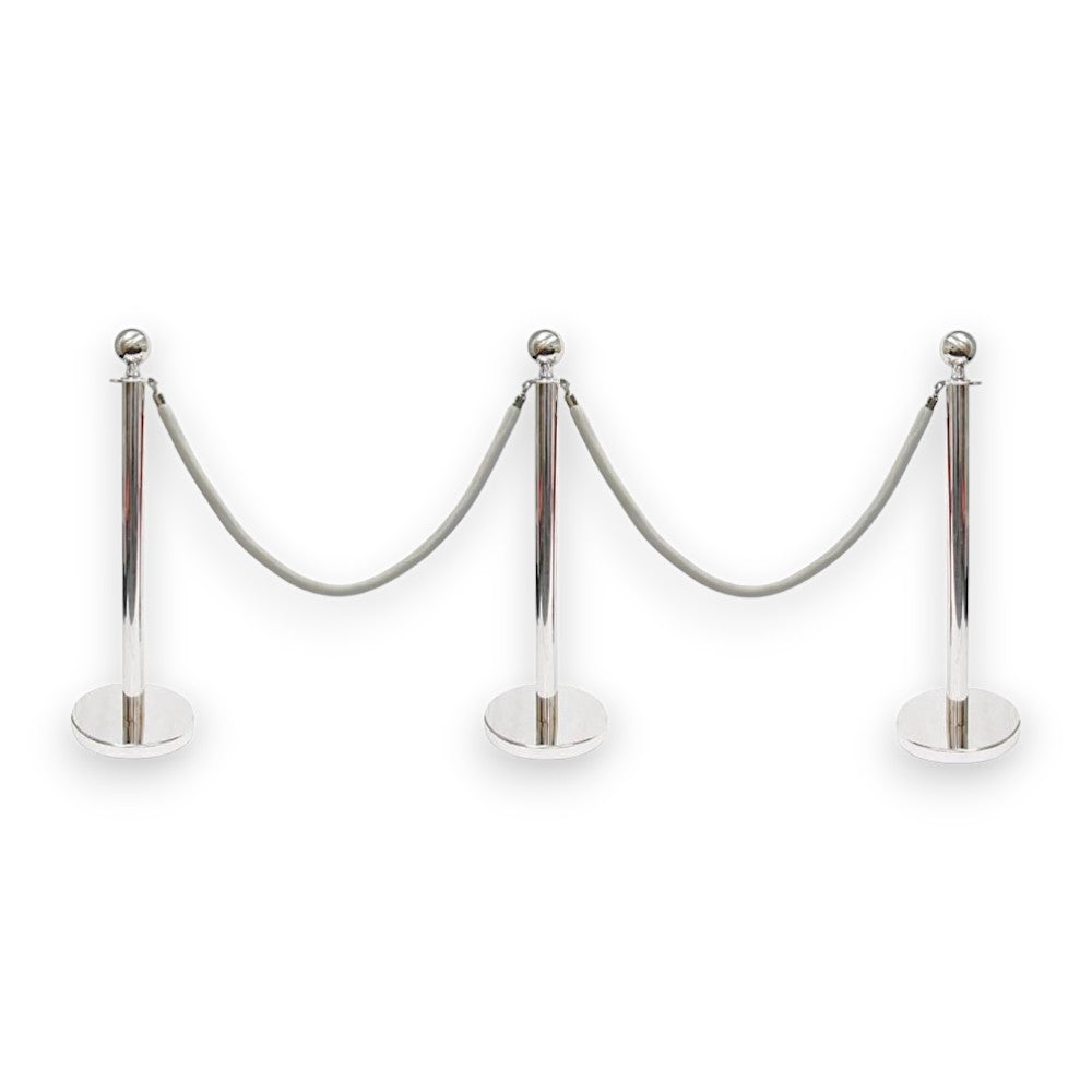 Silver Queue Bollard Post Set of 3 Posts + 2 White Ropes