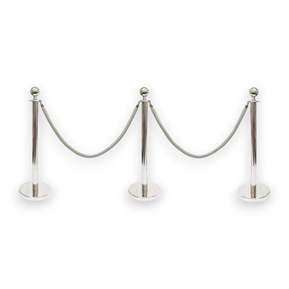Silver Queue Bollard Post Set of 3 Posts + 2 White Ropes