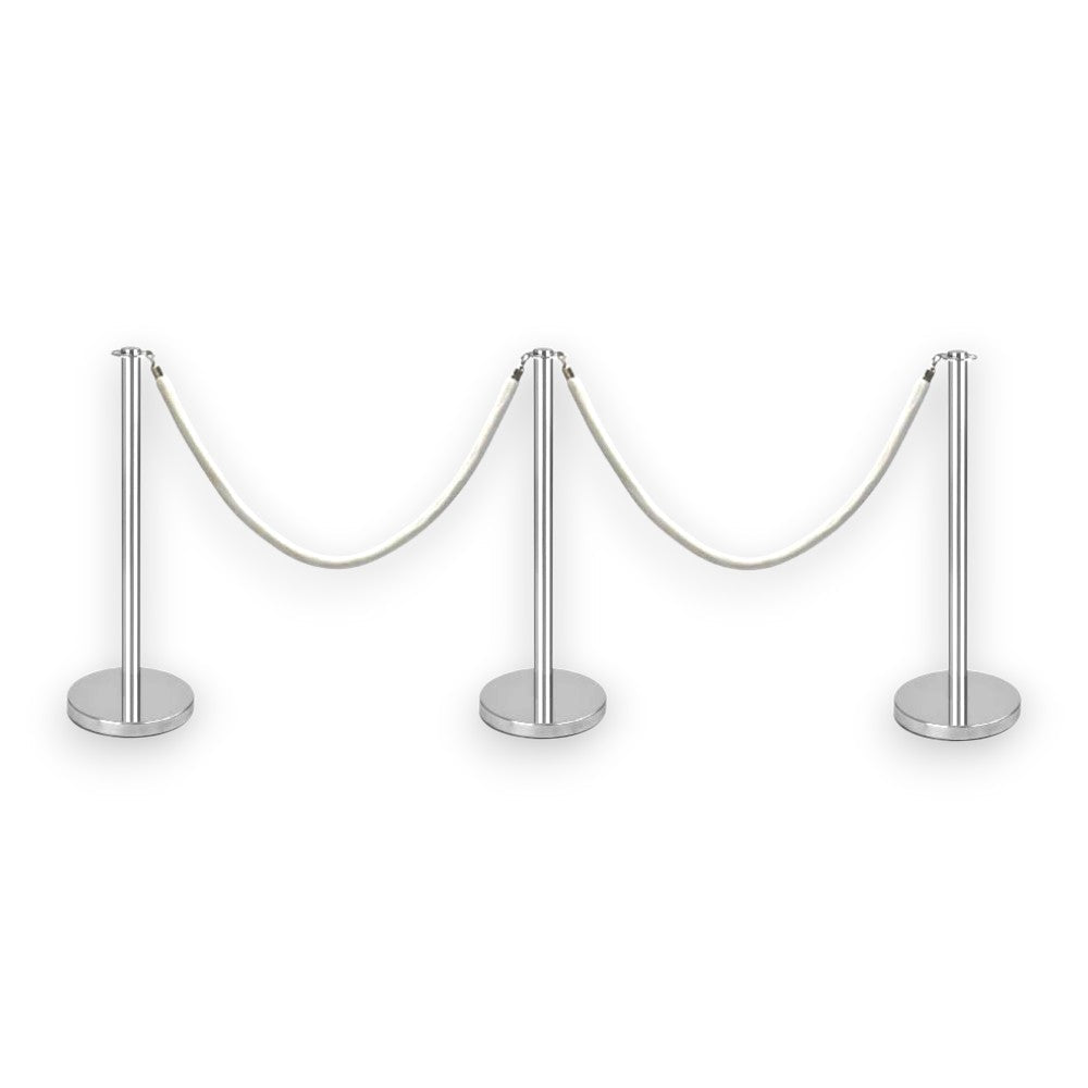 Silver Stanchions Crowd Control Set of 3 Posts + 2 White Ropes