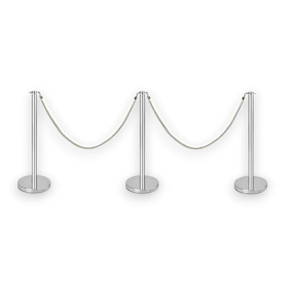Silver Stanchions Crowd Control Set of 3 Posts + 2 White Ropes