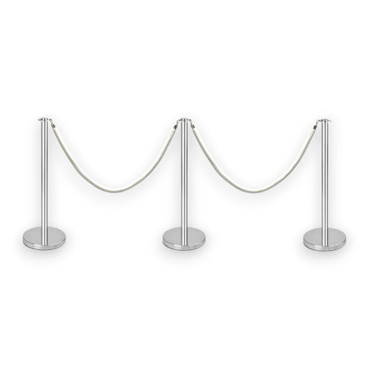 Silver Stanchions Crowd Control Set of 3 Posts + 2 White Ropes