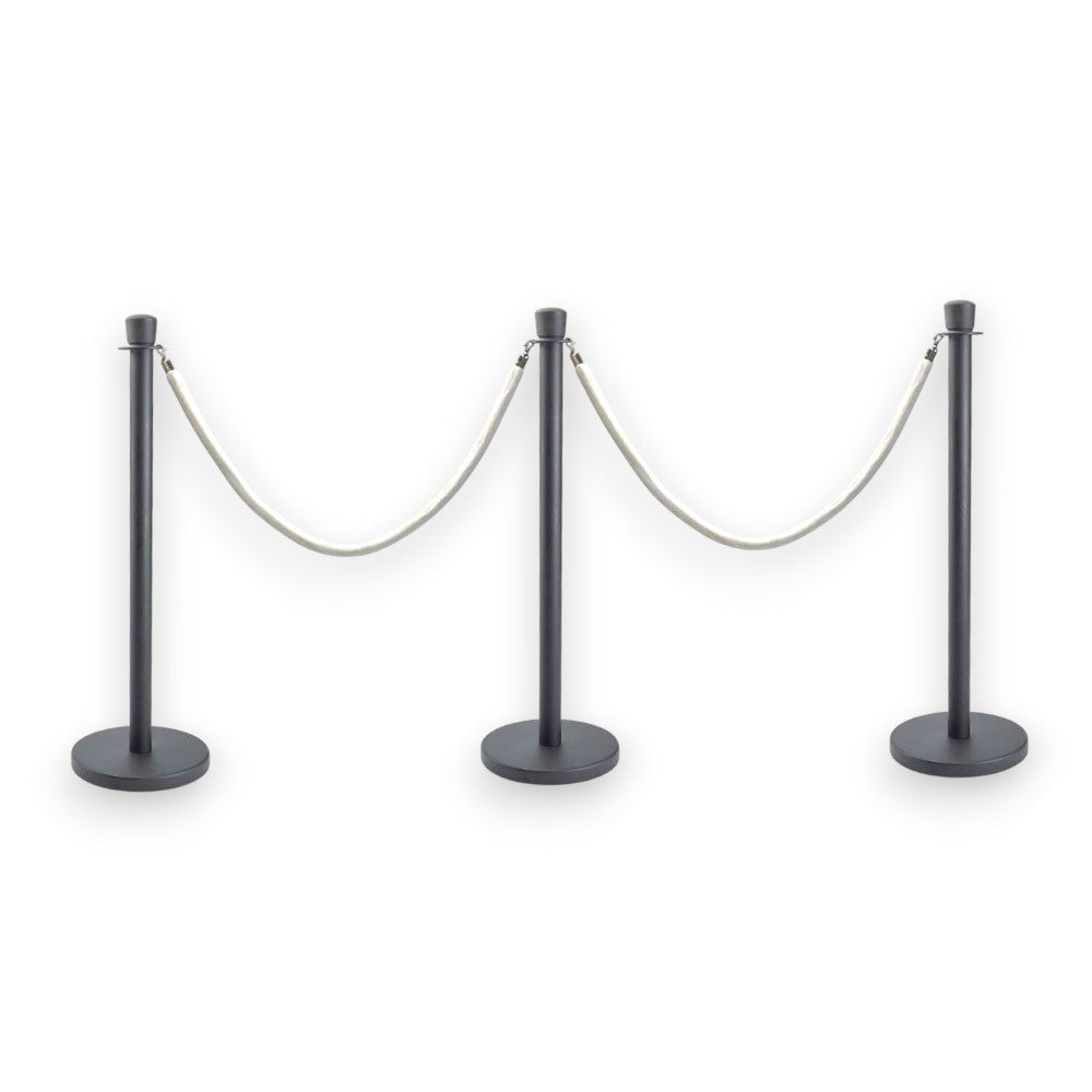 Black Crowd Control Bollards Set of 3 Posts + 2 White Ropes