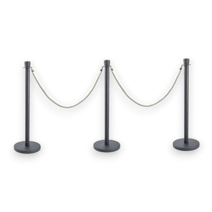 Black Crowd Control Bollards Set of 3 Posts + 2 White Ropes