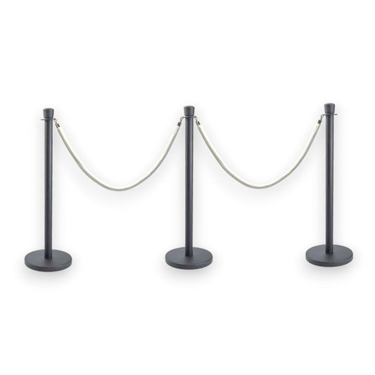 Black Crowd Control Bollards Set of 3 Posts + 2 White Ropes