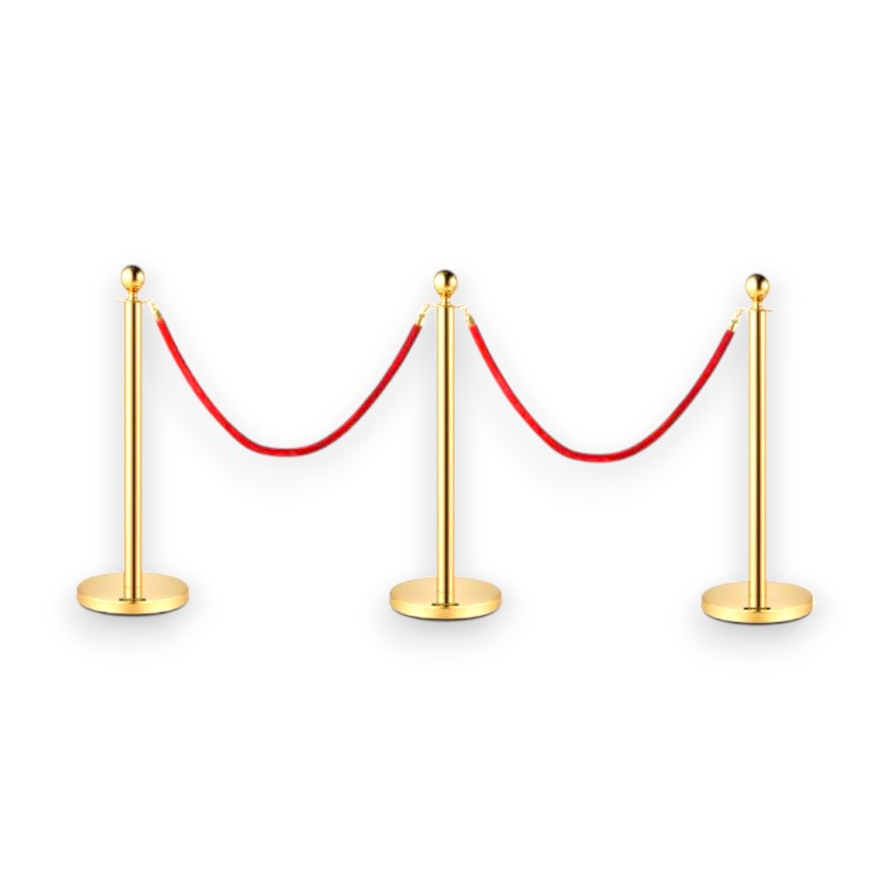Gold Queue Bollard Post Set of 3 Posts + 2 Red Ropes – Safety Elite
